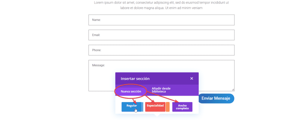 como inserto una sección en divi como inserto una sección en divi